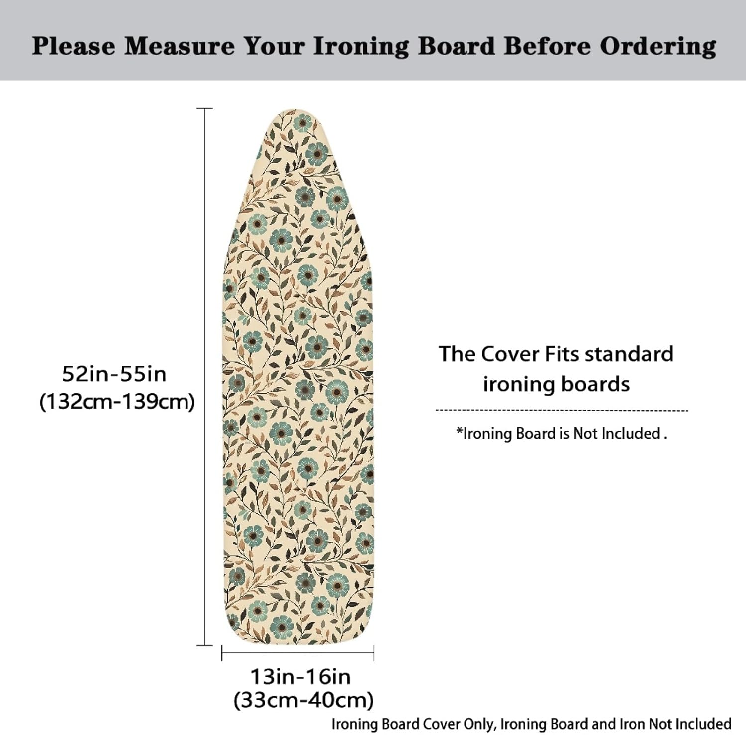Flowers Ironing Board Cover,16"x55" Standard Ironing Board Cover with Elastic Edge and Hook and Loop Fasteners, Scorch & Stain Resistant, Polyester Home Ironing Board Covers, Floral Classic