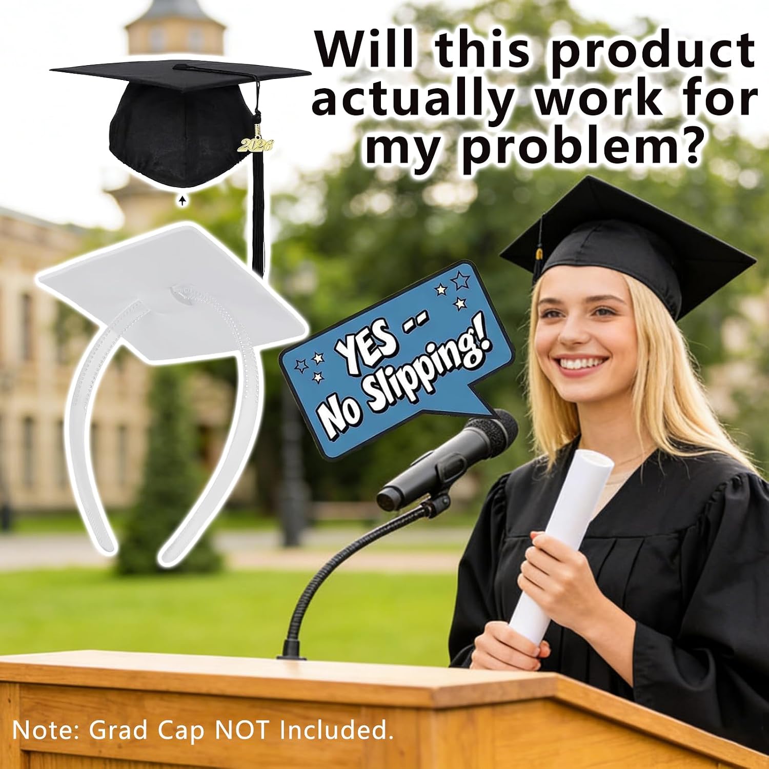 ZEYER Graduation Cap Headband for Curly & Straight Hair, Firm Non-Slip Anti-Fall Hair Band, Clear Grad Hat Accessories, Graduation Gift Essentials for Women, Students and Graduates (Square Clear 1pc)