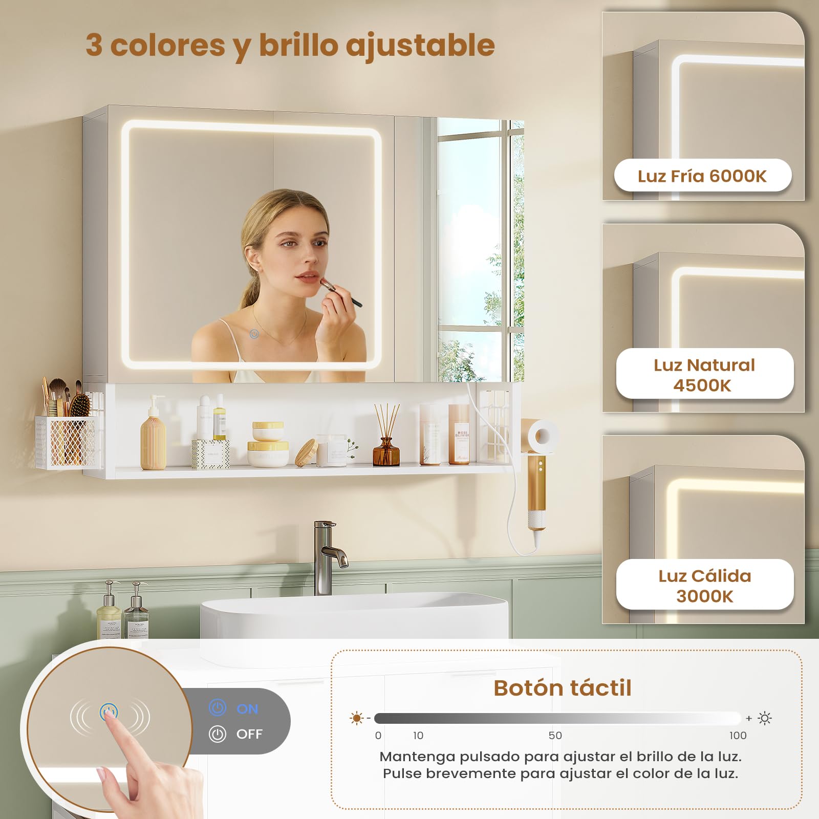 Armario Baño con Espejo 80x16x70 cm, Espejo de Baño con Luz LED y Estantes Regulables, Armario Espejo Baño con Almacenamiento y Enchufe Múltiple, Interruptor Táctil, 2 Puertas Espejo, Blanco