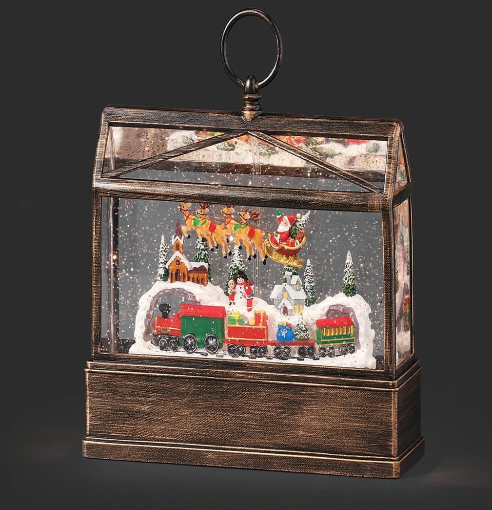 Roman 10" H Lighted Swirl Snowman Mountain and Train Greenhouse Confetti Lites, Christmas Decoration