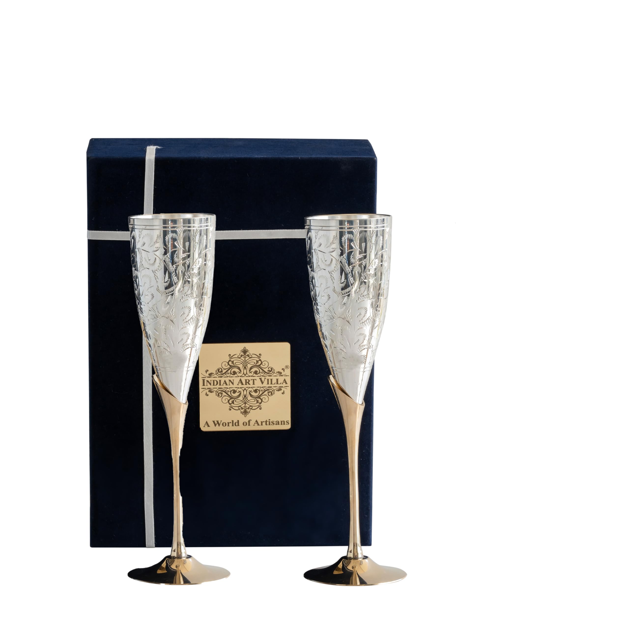 INDIAN ART VILLA Silver Plated Goblet Flute Wine Glass with Blue Box, Best for Parties, Diwali Gift Item, 100 ML Each, Set of 2