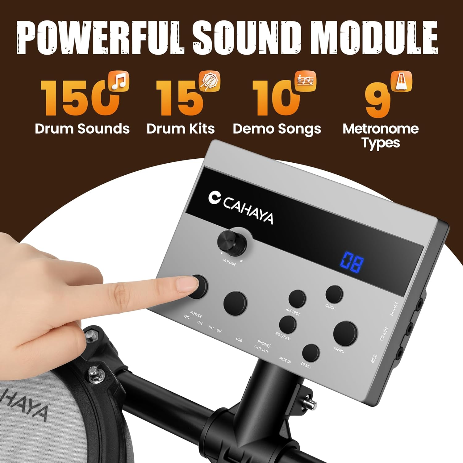 CAHAYA Electric Drum Set, Portable Electronic Drum Kit with Mesh Pads, 150 Sounds, 15 Kits, 2 Pedals, Throne, Headphones, USB/MIDI, Practice Kit for Kids and Adults, Xmas