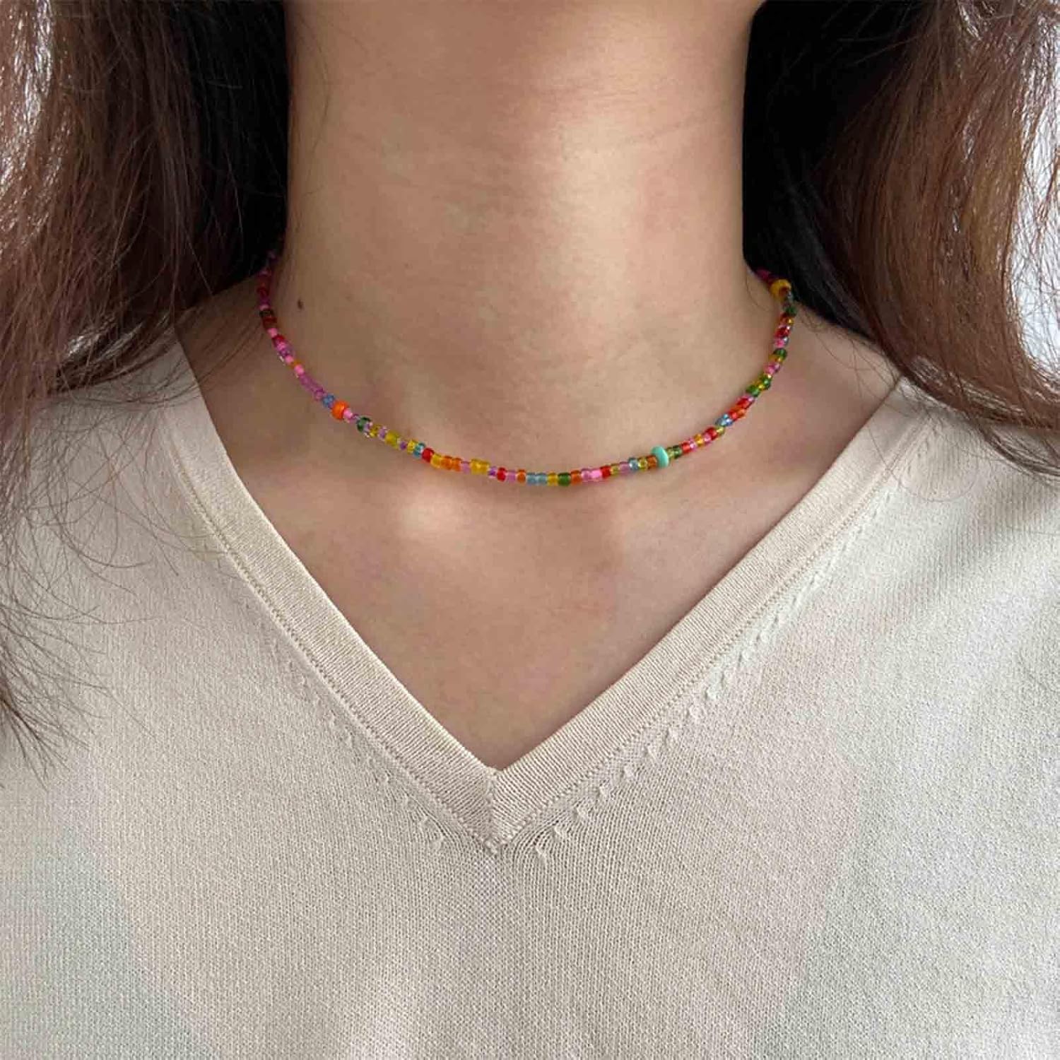 Vintage Colorful Seed Bead Choker Necklace Mutil Color Gemstone Choker Necklace Rainbow Bead Necklace Short Seed Bead Necklace for Women and women - Image 2