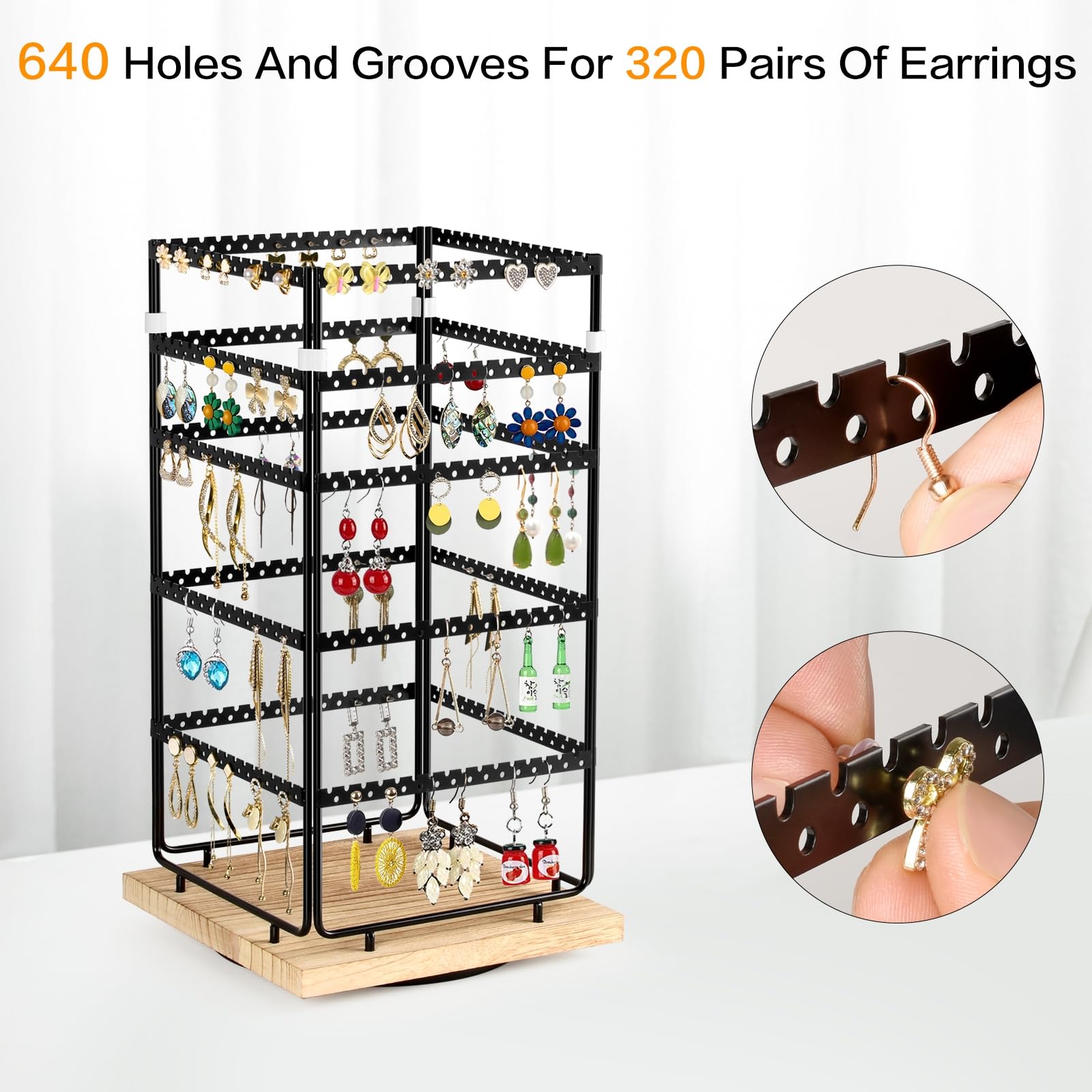 AJINGSHANG Earring Holder Organizer, 5-Tier Rotating Earring Display Stand with 320 Holes and 320 Grooves, Earring Tree Jewelry Holder Storage for Stud Earrings, Gift for Women Girl-Black