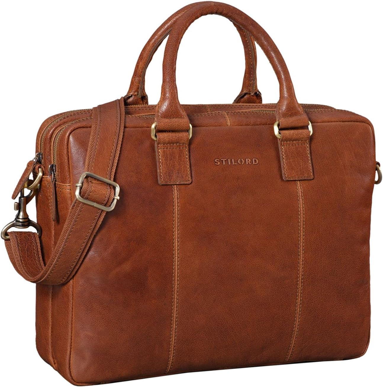 STILORDZacharias' Vintage Business Bag Leather Portfolio Satchel Teacher's Bag Large XL 15.6 Inch Laptop Bag Shoulder Bag Attachable for Trolleys Genuine Leather
