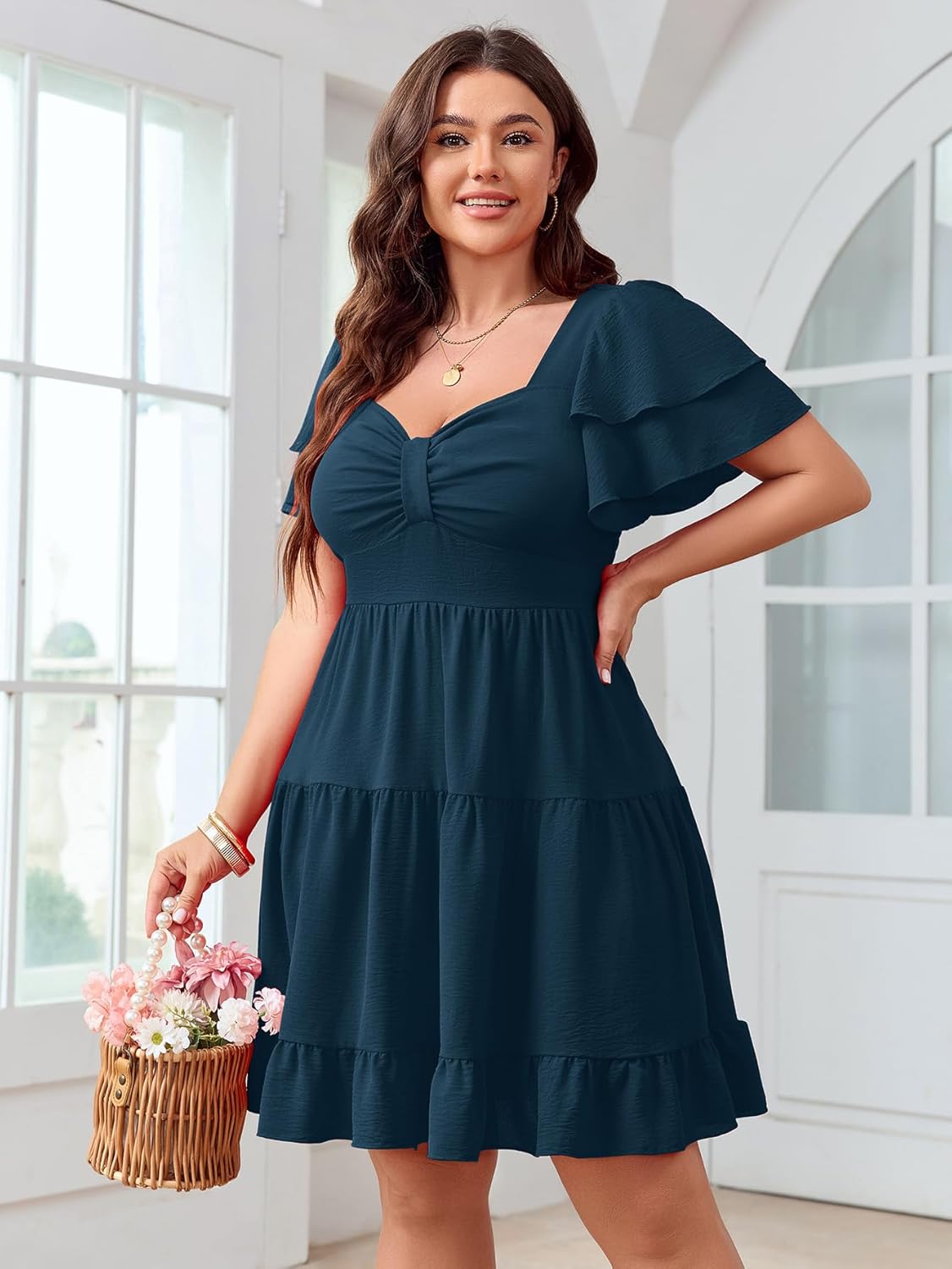 SCOMCHIC Women's Plus Size Summer Dresses Short Sleeve Sweetheart Neckline A Line Cocktail Boho Cute Mini Short Dress