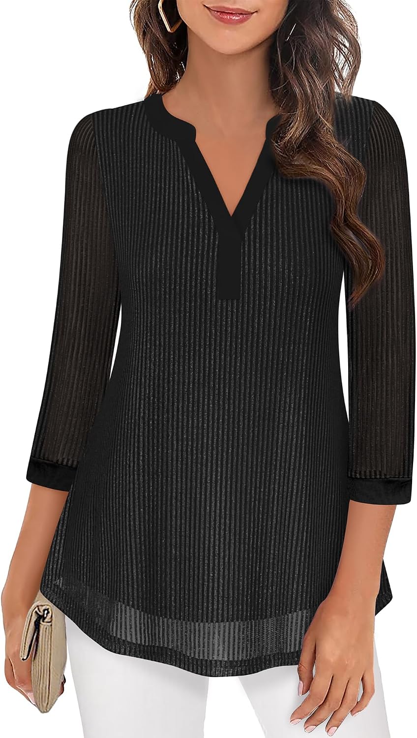 Timeson Women's 3/4 Sleeve Blouses Casual V Neck Dress Shirts Double Layers Mesh Tunics Tops image 2