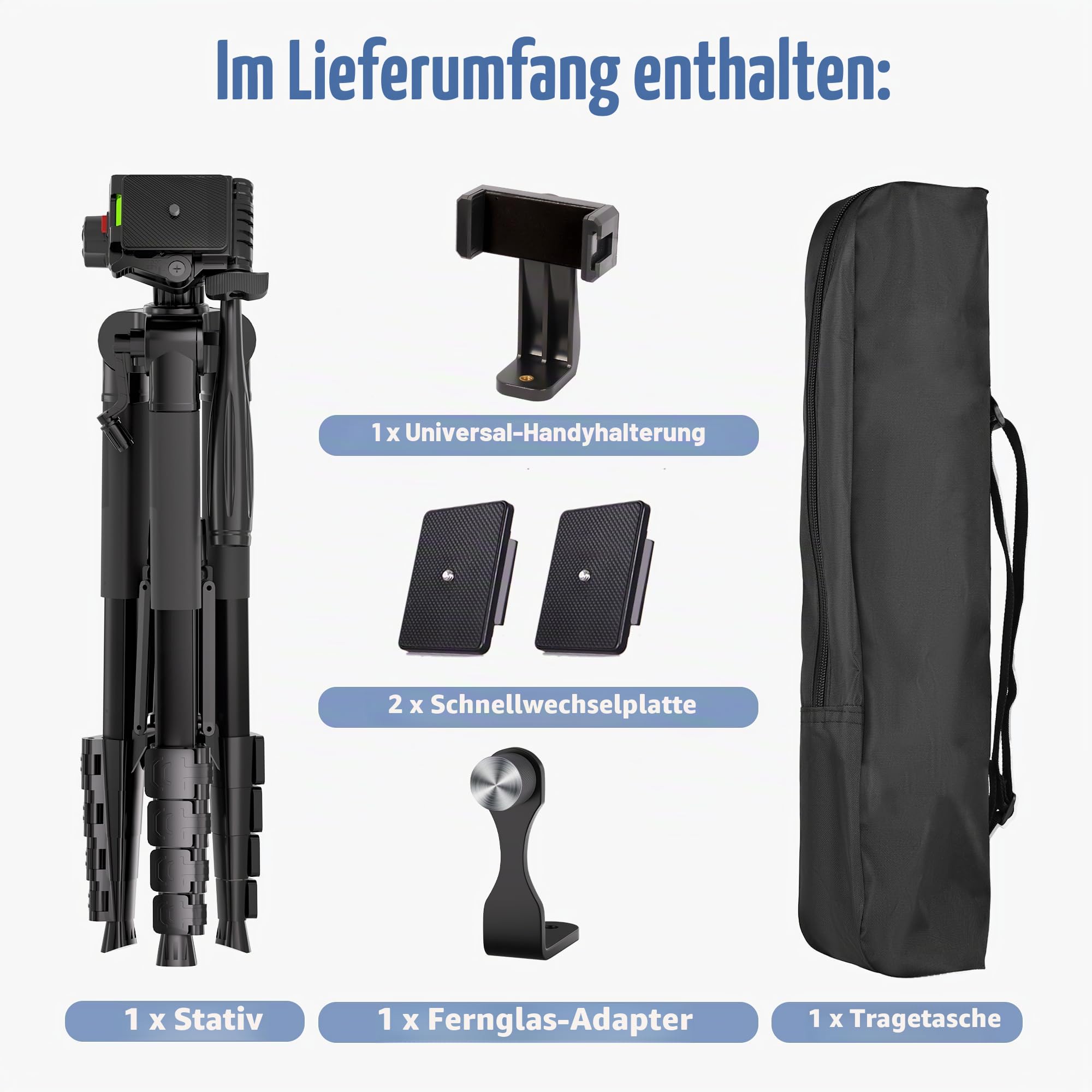 Lusweimi Fernglas-Stativ, 184 cm Aluminium Spektivstativ mit Adapter, 2 Schnellwechselplatten, Handyhalterung, Kompatibel mit Ferngläsern/Spektiven/Kameras/Handys, Aluminium, Schwarz