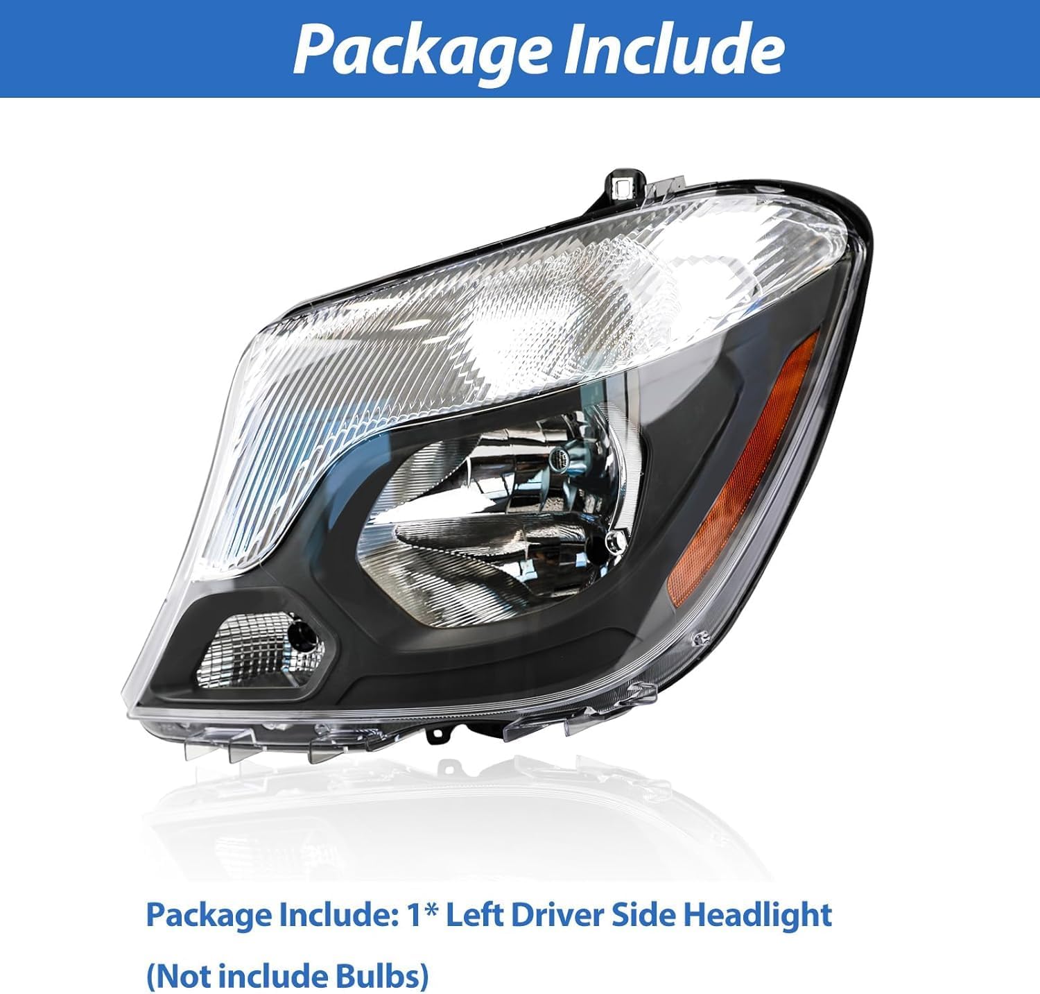 Headlight Assembly Compatible With Mercedes-Benz Sprinter 2014-2018 2500/3500, Halogen Replacement Headlamps with Chrome Housing/Clear Lens/Amber Reflector (Left Driver Side)