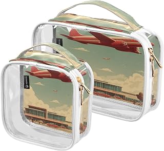 Airplane Airport Scene Teal Print Clear Makeup Bags TSA Approved Toiletry Bag for Women Men Cosmetic Bags with Handle Quart Size PVC Travel Bag for Toiletries Business, 2 Pack