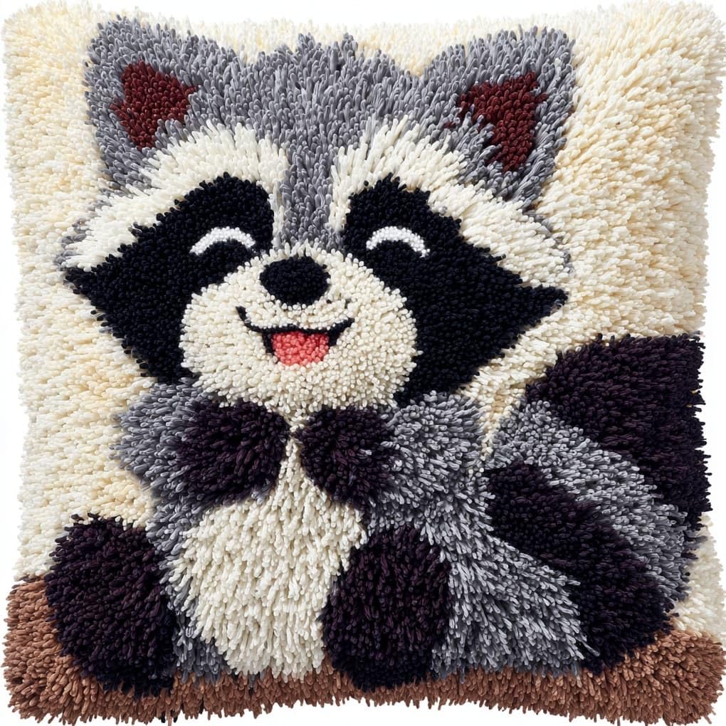 Henypt Latch Hook Cushion Kit 43x43cm,Smiling Raccoon Beginner Friendly Needlecraft Set,Adult Craft Hobby kit,Easy Latch Hook for Home Decor,