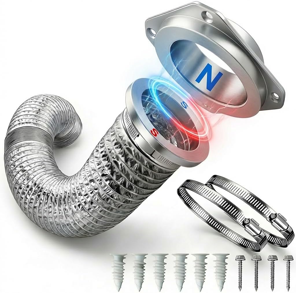 Magnetic Dryer Vent Connector Kit, Quick-Connect 4 Inch Dryer Vent for Tight Laundry Rooms, Save Up to 3–6 Inches of Space, Strong Magnetic Hold, Airtight Seal, Includes 3.3FT Aluminum Hose & 2 Clamps