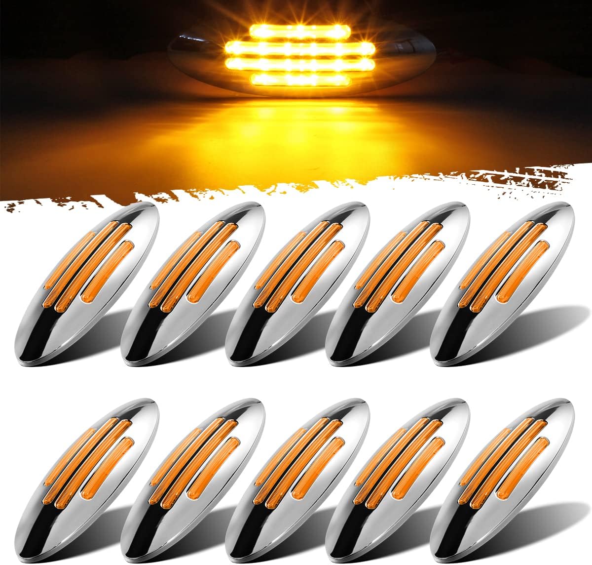 Partsam 10Pcs 6-3/5 Inch Flatline Oval Amber 18LED Side Marker Clearance Light, Truck Front Fender Panel Lights Replacement for Peterbilt Kenworth Freightliner, 12V