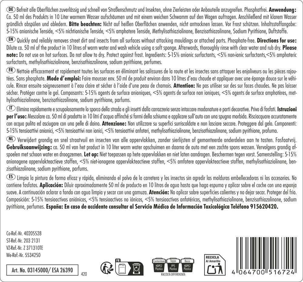 SONAX Shampoo Concentrato Auto (5 Litri) penetra e scioglie lo sporco.Adatto per superfici in vernice, gomma, plastica, vinile e vetro | Art. 03145000