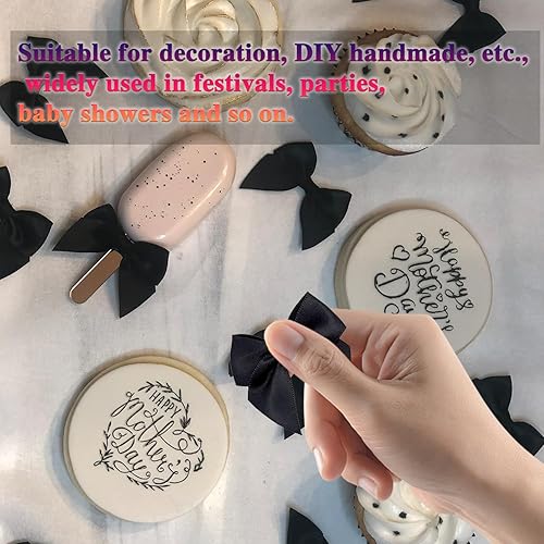 Miniatura 5 de Mini lazos de cinta de satén con pestañas adhesivas, 25 lazos negros para cake pops, manualidades, baby shower