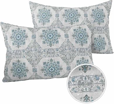 Waterproof Throw Pillow Covers for Couch Patio Living Room Furniture Garden Balcony, Retro Ethnic Floral Texture Style Blue Rectangle Cushion Cases Home Decorations, 20 x 12 Inch Set of 2