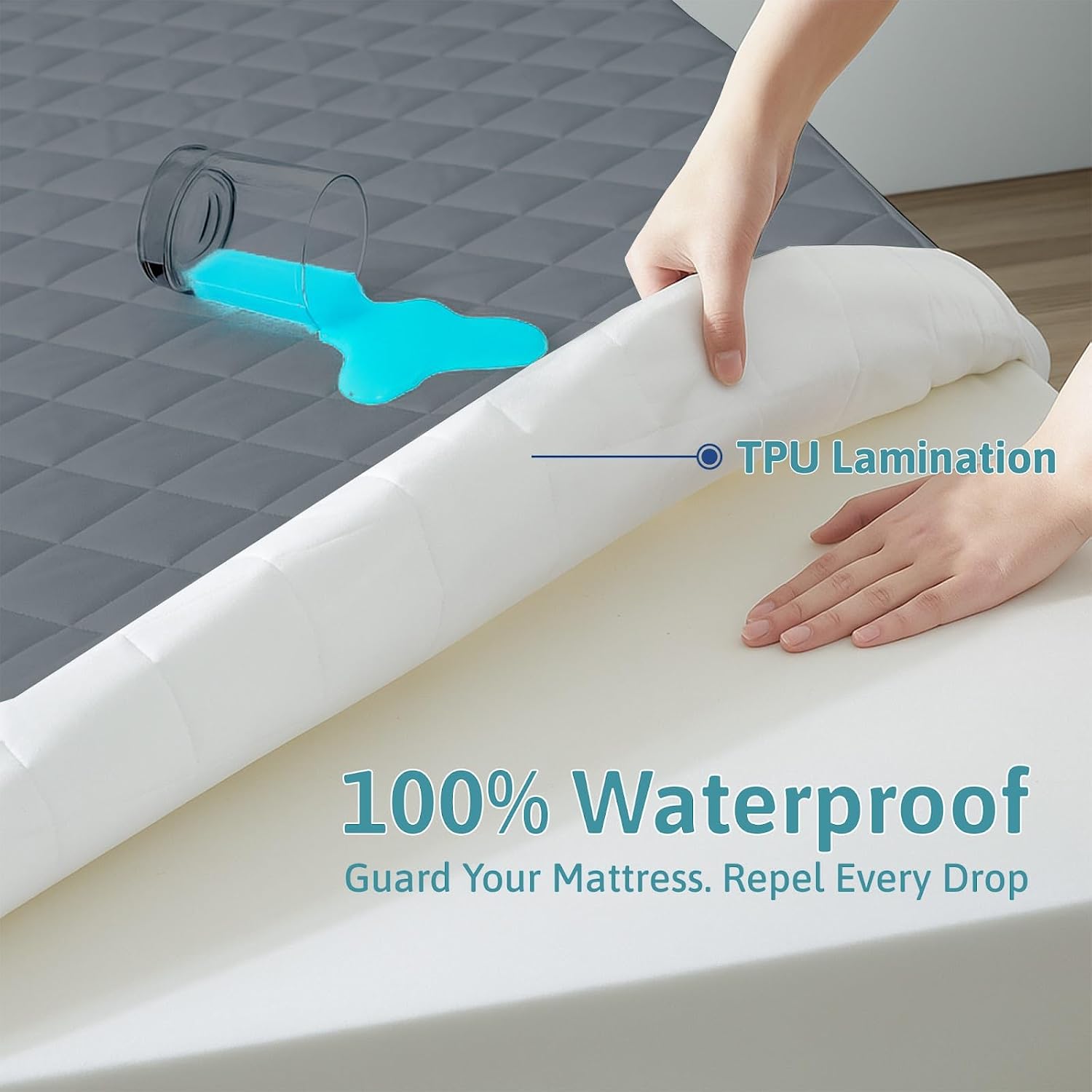 Queen Waterproof Mattress Pad, 100% Waterproof Quilted Fitted Mattress Protector, Noiseless Mattress Cover, Fitted 18-21" Deep, Dust Proof, Quilted Mattress Topper Pad, Machine Washable, Dark Grey