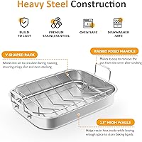 Vista 3 de Sunvivi Sartén para asar de 15.6 pulgadas con estante en forma de V, sartén rectangular para lasaña con asa, asador antiadherente de acero