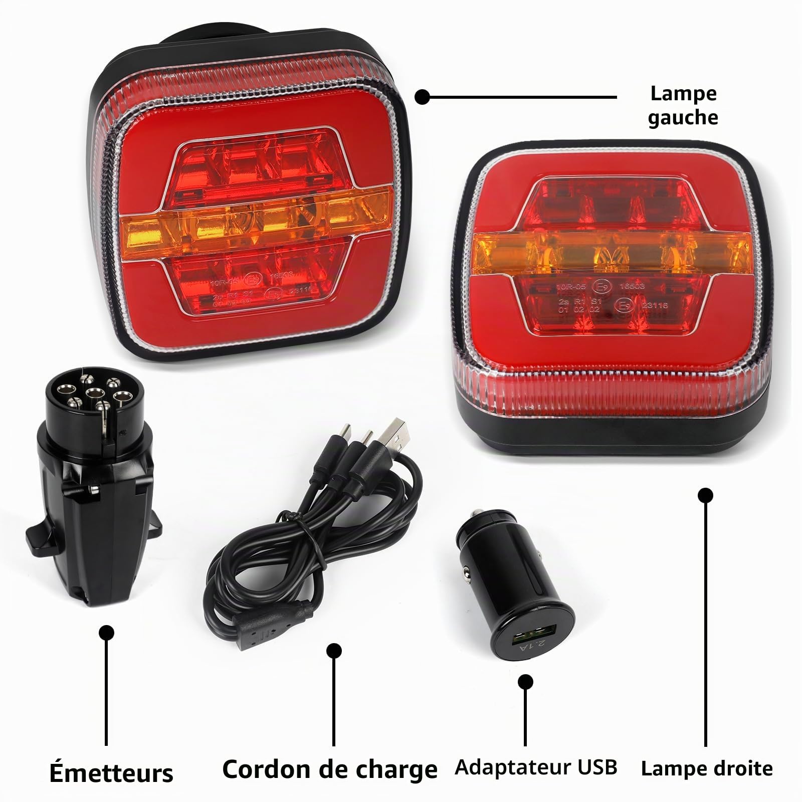 Kit de feux arrière à LED sans fil, aimant pour panneau d'éclairage de remorque 12/24 V - 5 fonctions, étanche, rechargeable avec aimant, certificat E-Mark