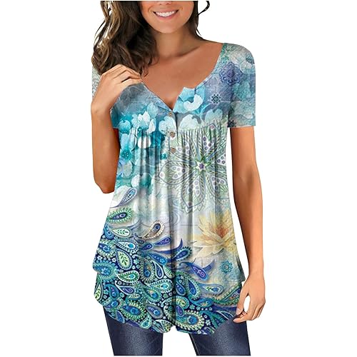Womens Summer Tops Dressy Casual Short Sleeve V Neck T Shirts Trendy Cute Tees Loose Soft Floral Boho Tunic Blouses