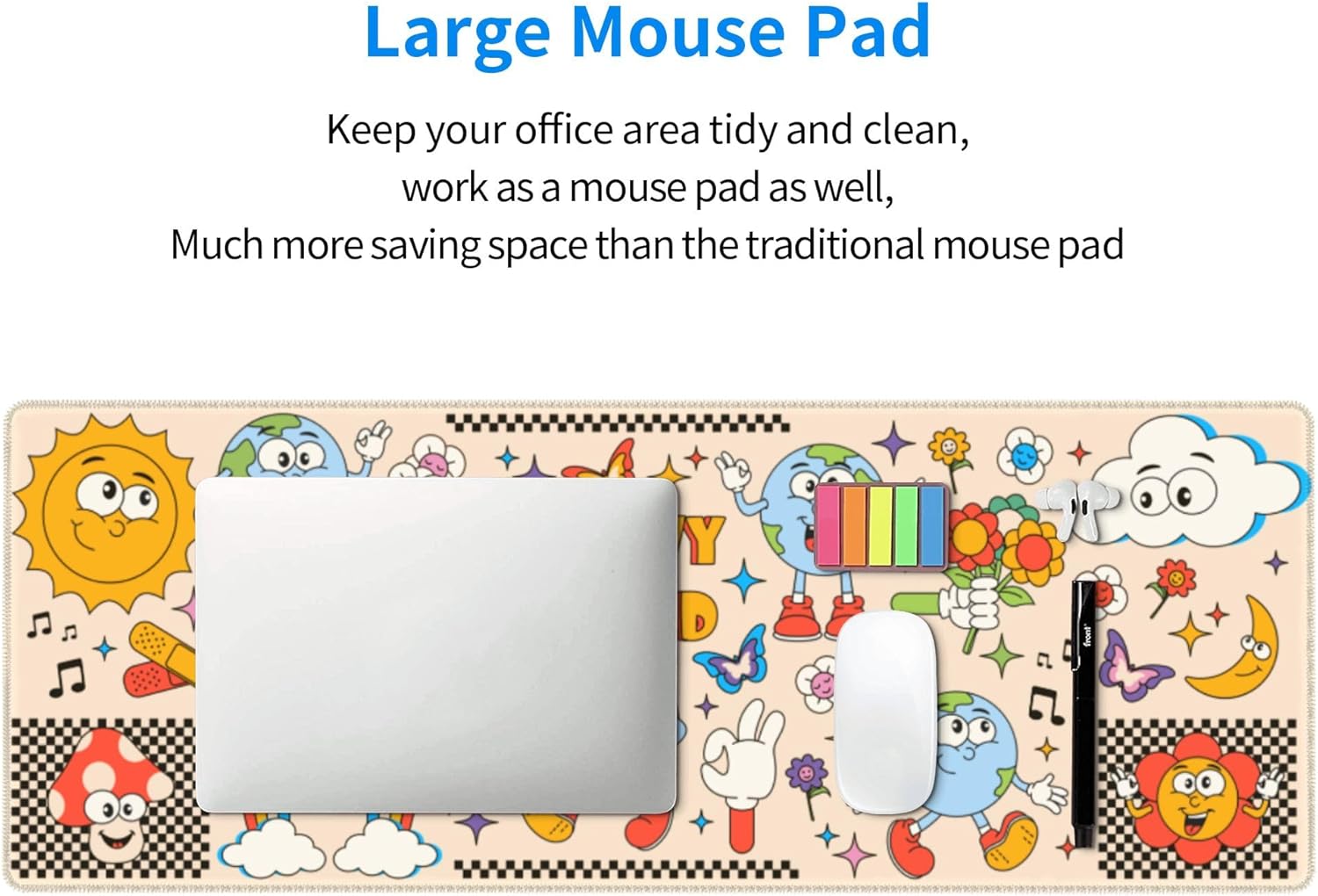 70s Vintage Earth Mushroom Mouse Pad – Large Desk Mat with Non-Slip Rubber Base, 31.5 X 11.8in Gaming Mousepad for Laptop Pc, Office Accessories and Desktop Decor