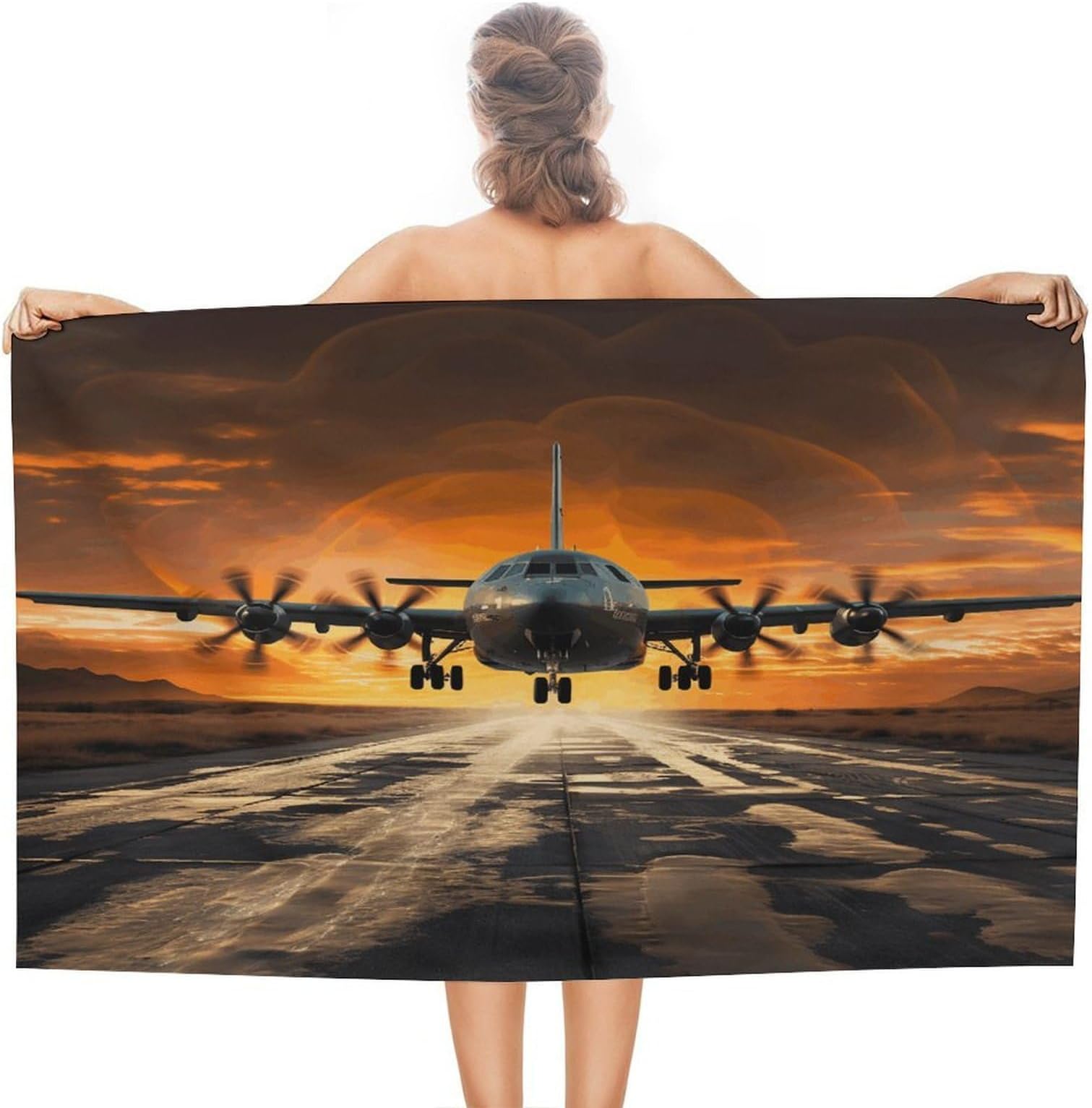 Military Plane Landing on Airforce Runways Against Beautiful Dusky Sky Beach Towels Soft Double-Faced Pile Bath Towel Absorbent Large Beach Sheet Thin Quick Dry Travel Towels 51x31 Inch for Camping Po