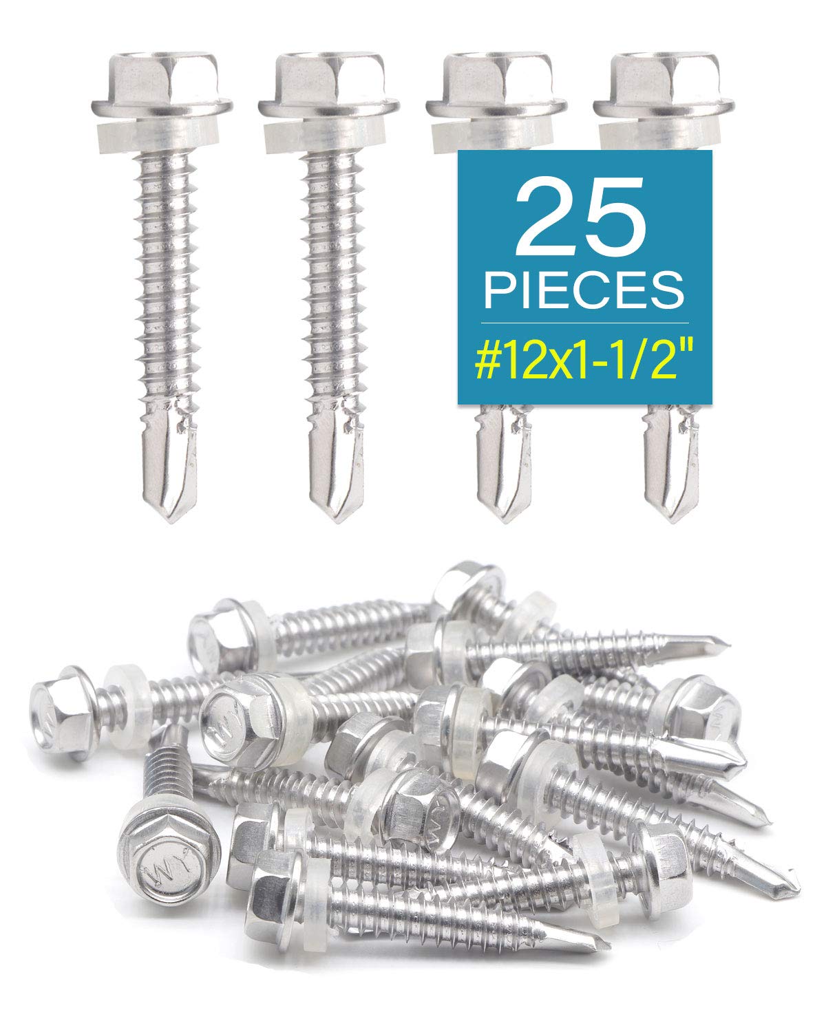 IMScrews 25pcs #12 x 1-1/2" Stainless Hex Washer Head Self Drilling Screws, 410 Stainless Steel Full Thread Sheet Metal Tek Screws