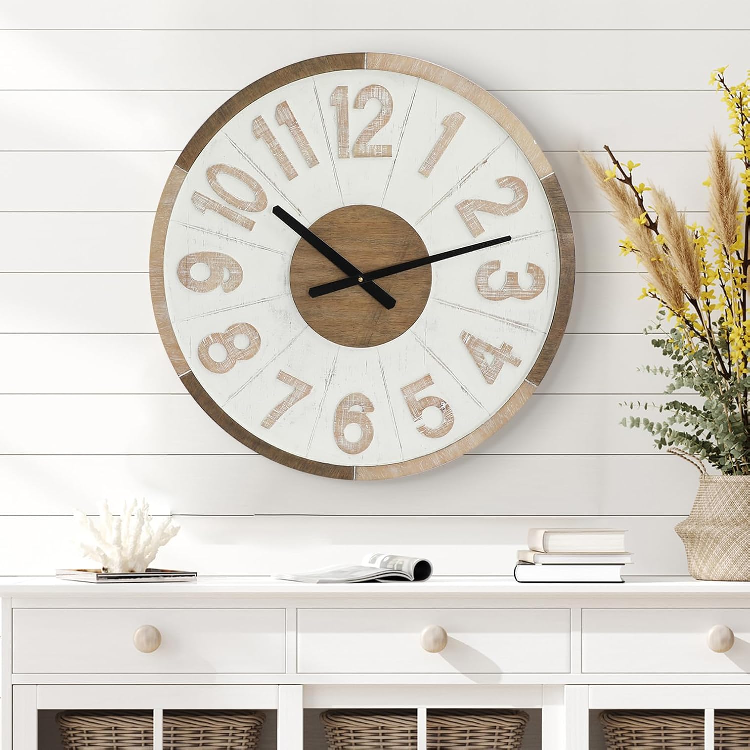 RiteSune 24 Inch Modern Numerals Wall Clock, Large Solid Wood Battery Operated Decor Clock for Kitchen Entryway Living Room Home Office