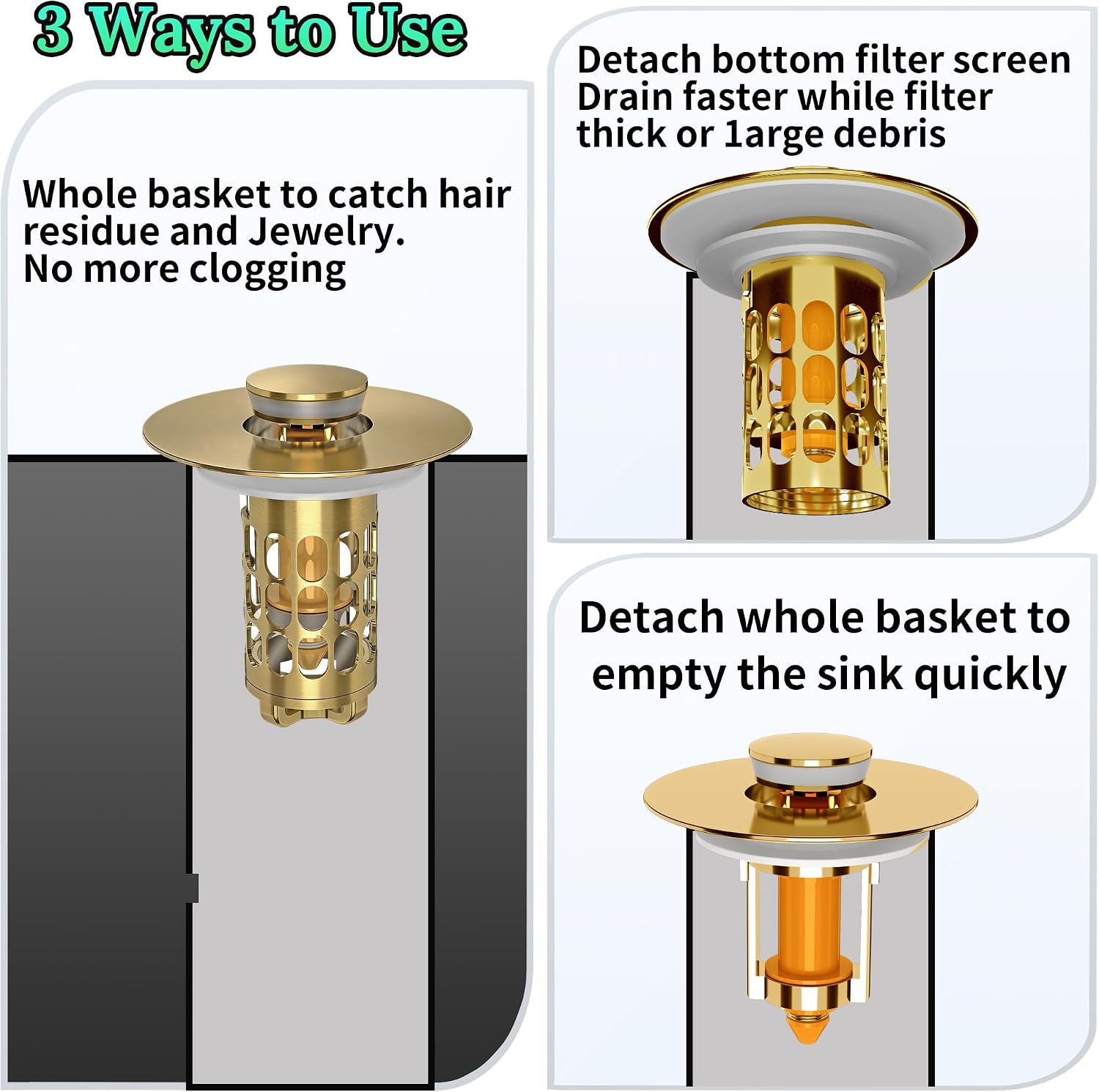 3 in 1 Bathroom Sink Drain Strainer,Universal Bathroom Sink Stopper Hair Catcher,with Filter Basket to Anti-Clogging Easy Install Sink Plug Drain Catcher for 1.05”~1.65” Drain Hole