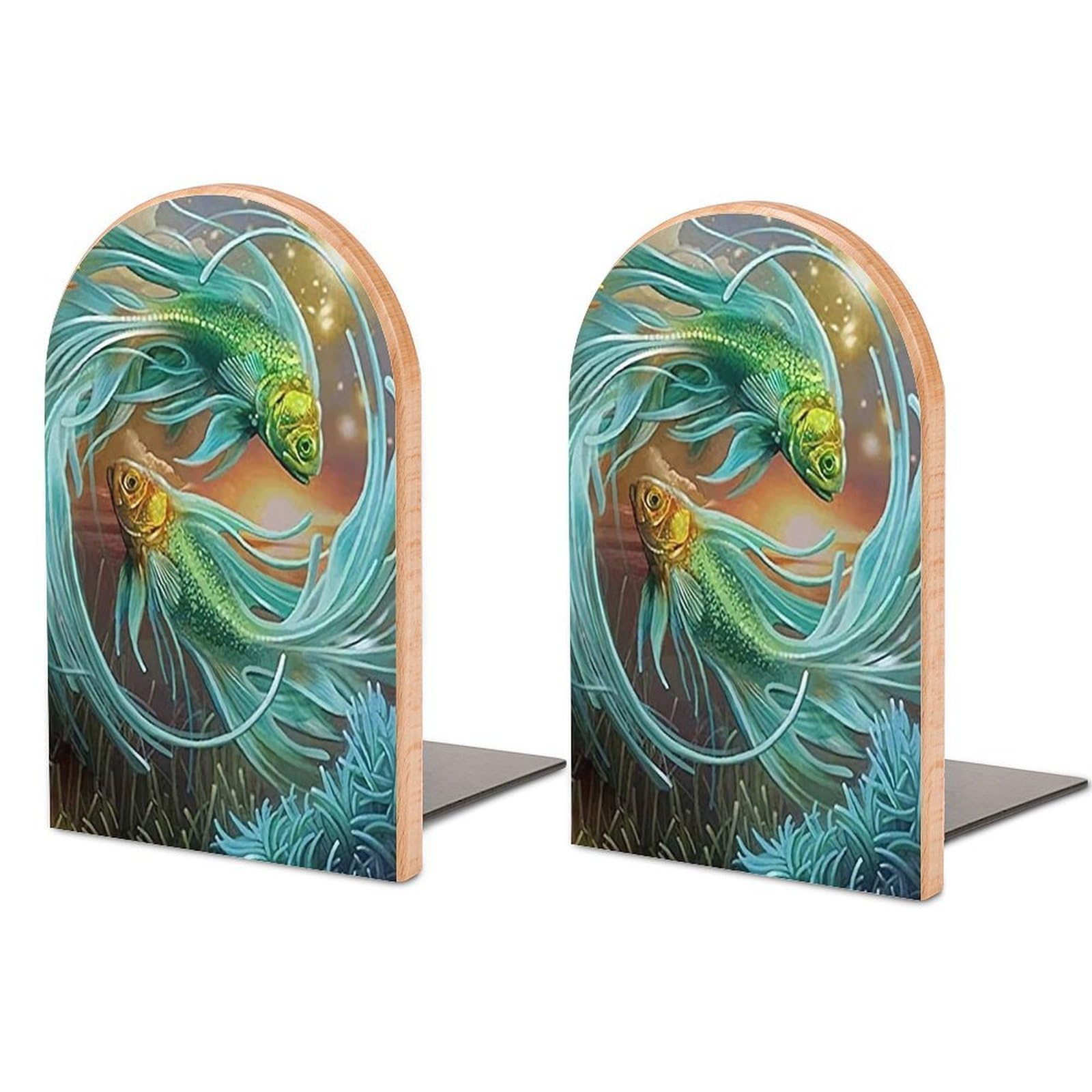 Two Goldfish Beech Wood Bookends Heavy Duty Book Organizers Desktop File Holder for Office Home Bookshelf