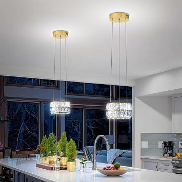 Led 11.8 Gold Ring Crystal Chandelier, Modern Dimmable Chandeliers Lighting and Hanging Adjustable, LED Round Ceiling Light Fixtures for Dining Room Living Room