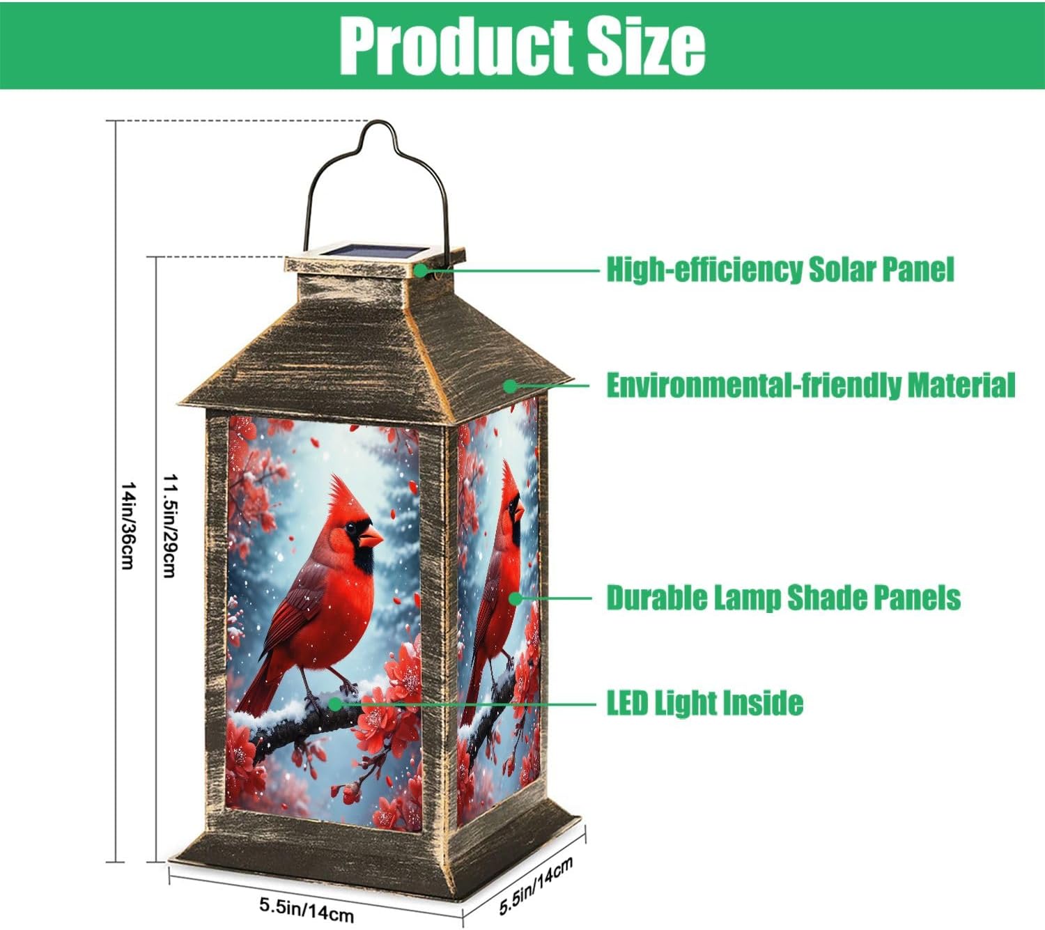 Solar Lantern Red Cardinal Bird Perched Snowy Branch Red Blossoms Winter Scene Garden Hanging Lantern Waterproof Solar Powered Lighting Outdoor Table Lamp for Deck Yard Camping Patio Decor