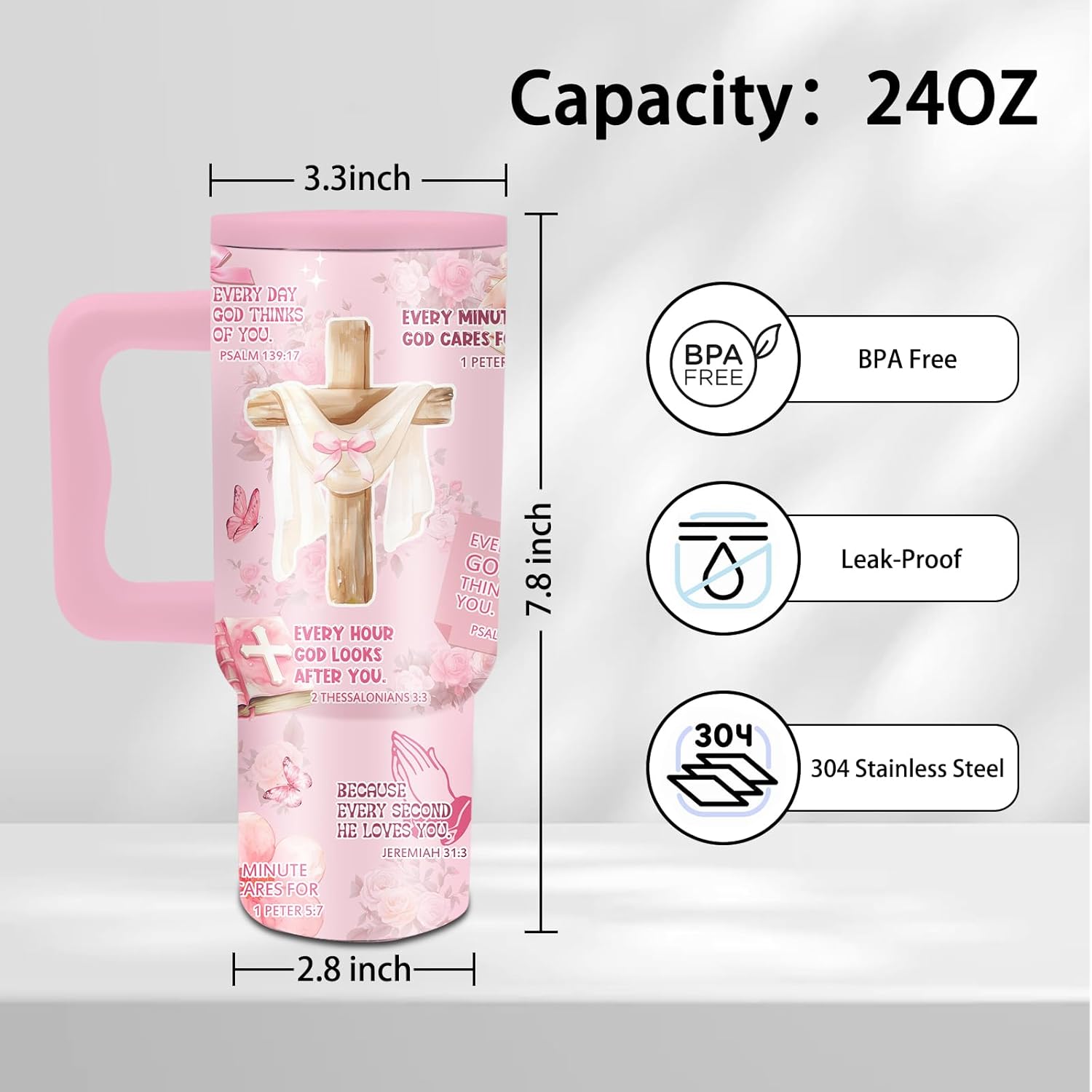 Christian Gifts for Women - 24oz Pink Bible Verse Cup with Handle, Inspirational Religious Tumbler, Insulated Stainless Steel Travel Coffee Mug, Christmas Birthday Gifts for Women Girls - Image 2