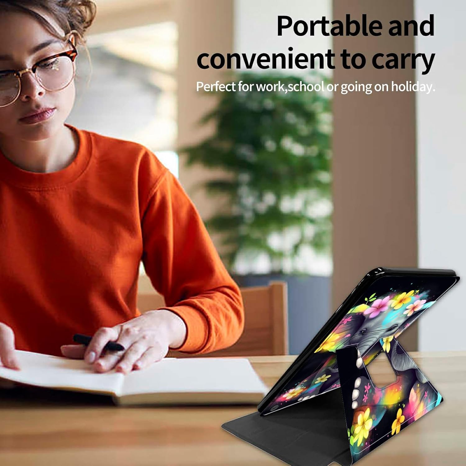 for Kindle Fire HD 10 and 10 Plus Tablet (13th/11th Generation, 2023/2021 Release) Tablet Case-360 Rotating Stand Cover with Auto Sleep/Wake Folding Protective Case,Elephant with Flowers