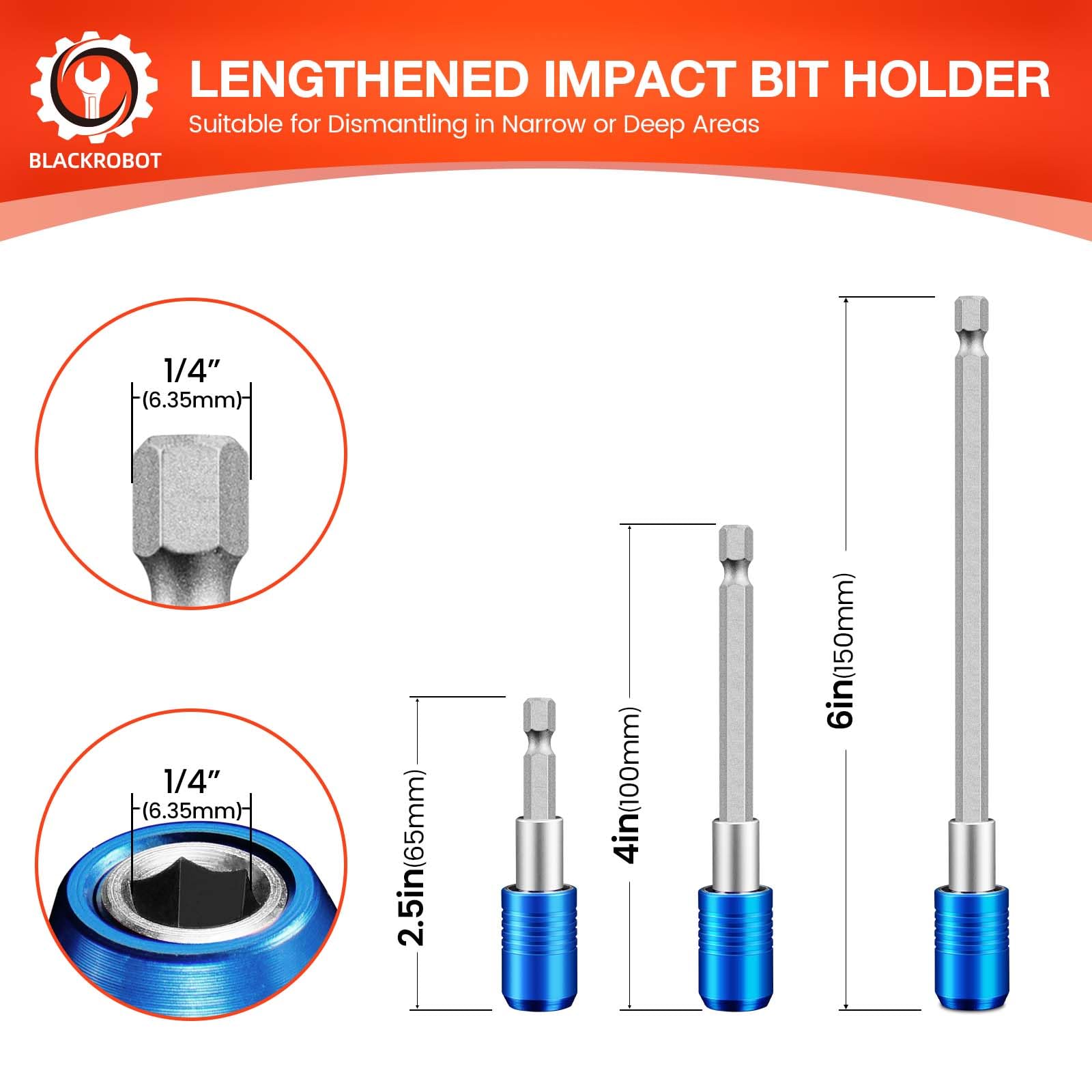 BLACKROBOT Soporte magnético de 3 brocas de impacto de cambio rápido, extensión de broca para unidades hexagonales de 1/4 pulgadas, longitud de 2/4/6 pulgadas, ideal para puntas de destornillador,