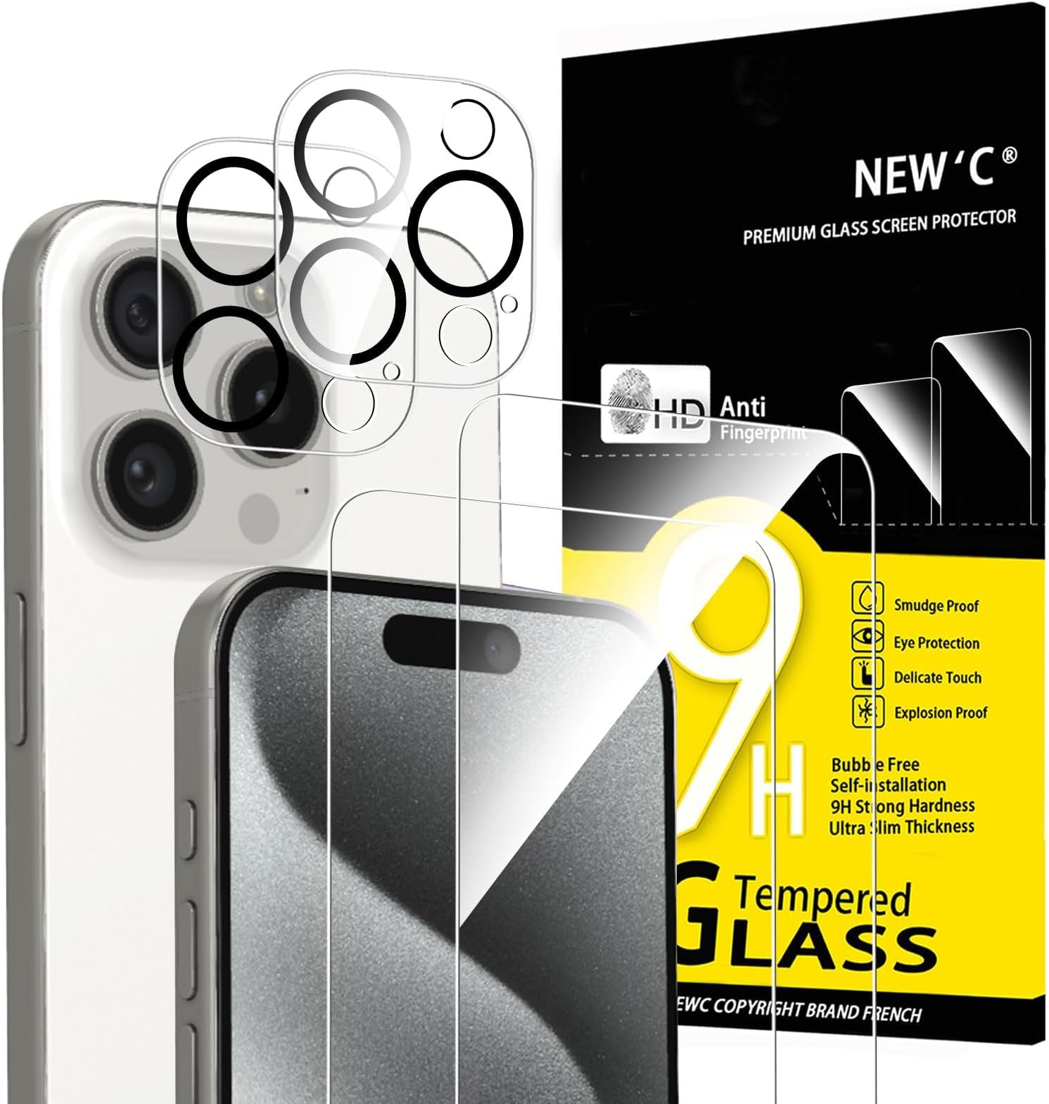 NEW'C 4 Pack, 2 Pack for iPhone 15 Pro Screen Protector (6.1 inch) + 2 Pack Camera Lens Protector, Sensor Protection,Case Friendly Tempered Glass Film