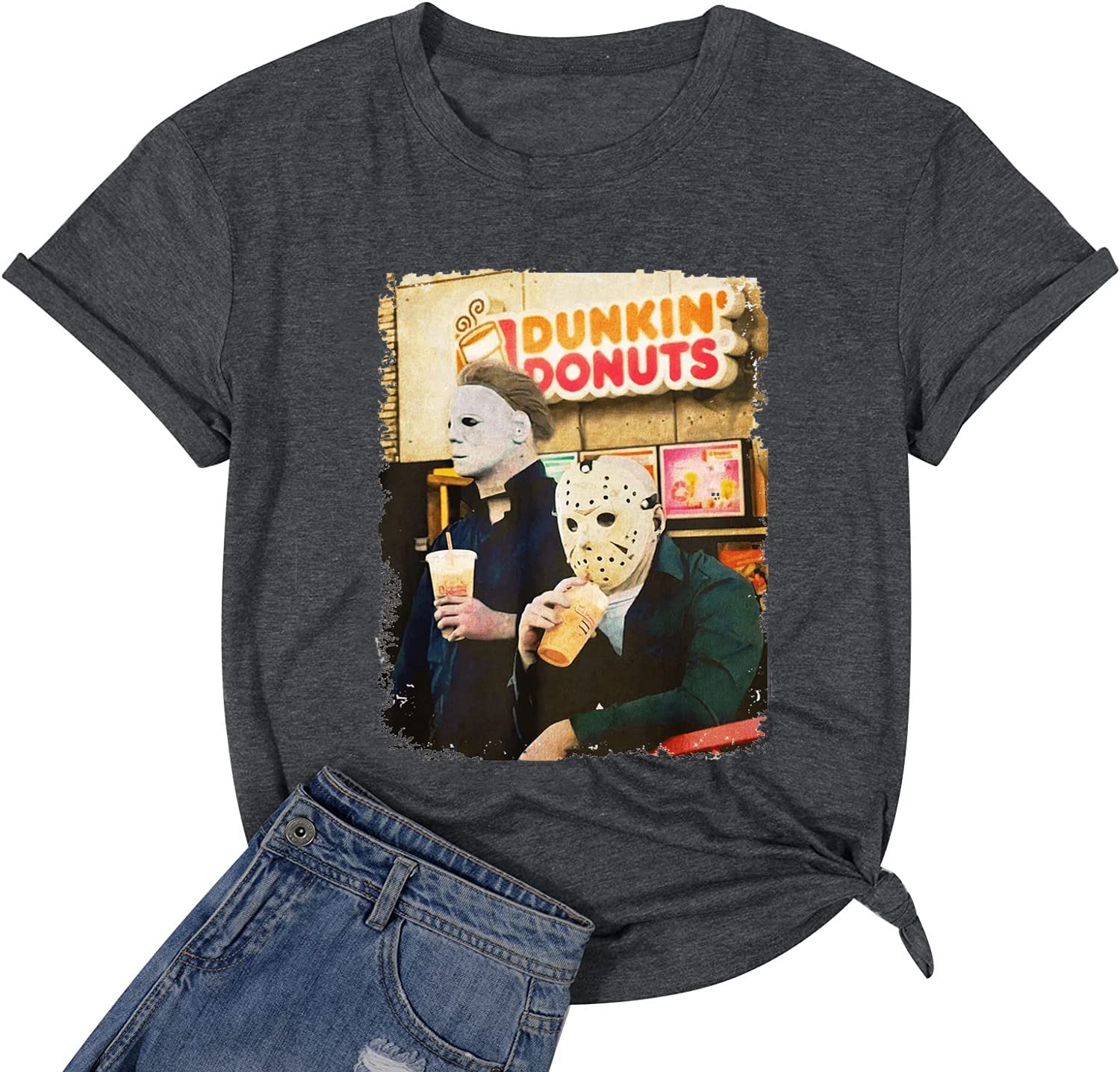 QIANRUOHorror Movies Tshirt Women Michael Myers Jason Scary Killers Shirt Novelty Graphic Halloween Party Tee Tops