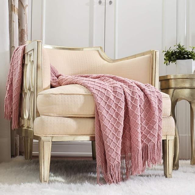 CREVENT Textured Solid Soft Sofa Couch Knitted Decorative Throw Blanket with Fringe for Girls, Soft Warm Cozy Light Weight for Spring Summer (127cmX152cm Dusty Pink/ Coral)