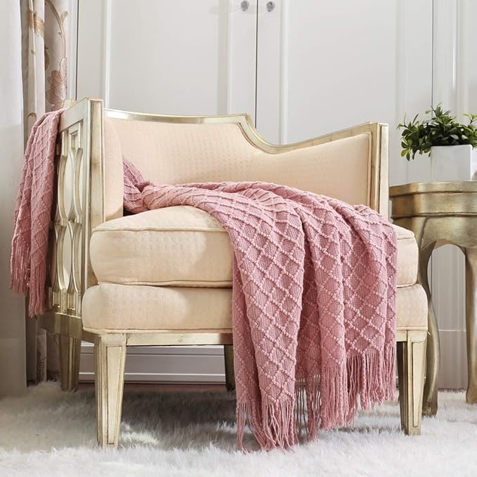 CREVENT Light Blush Pink Knit Throw Blanket for Couch Sofa