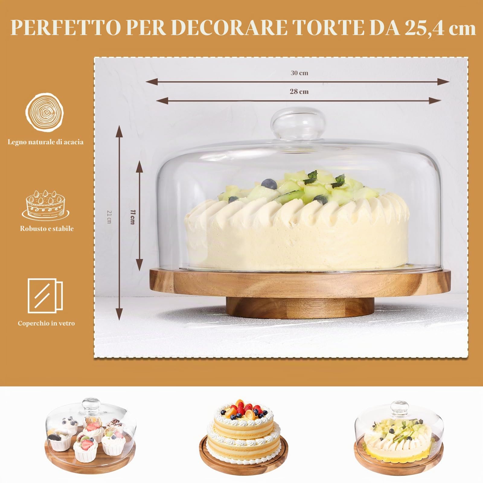 Alzata per torte in vetro con coperchio a cupola, 30,5 cm, girevole, in legno di acacia, con coperchio, supporto per torta nuziale, per compleanni, cucina, feste, salumi