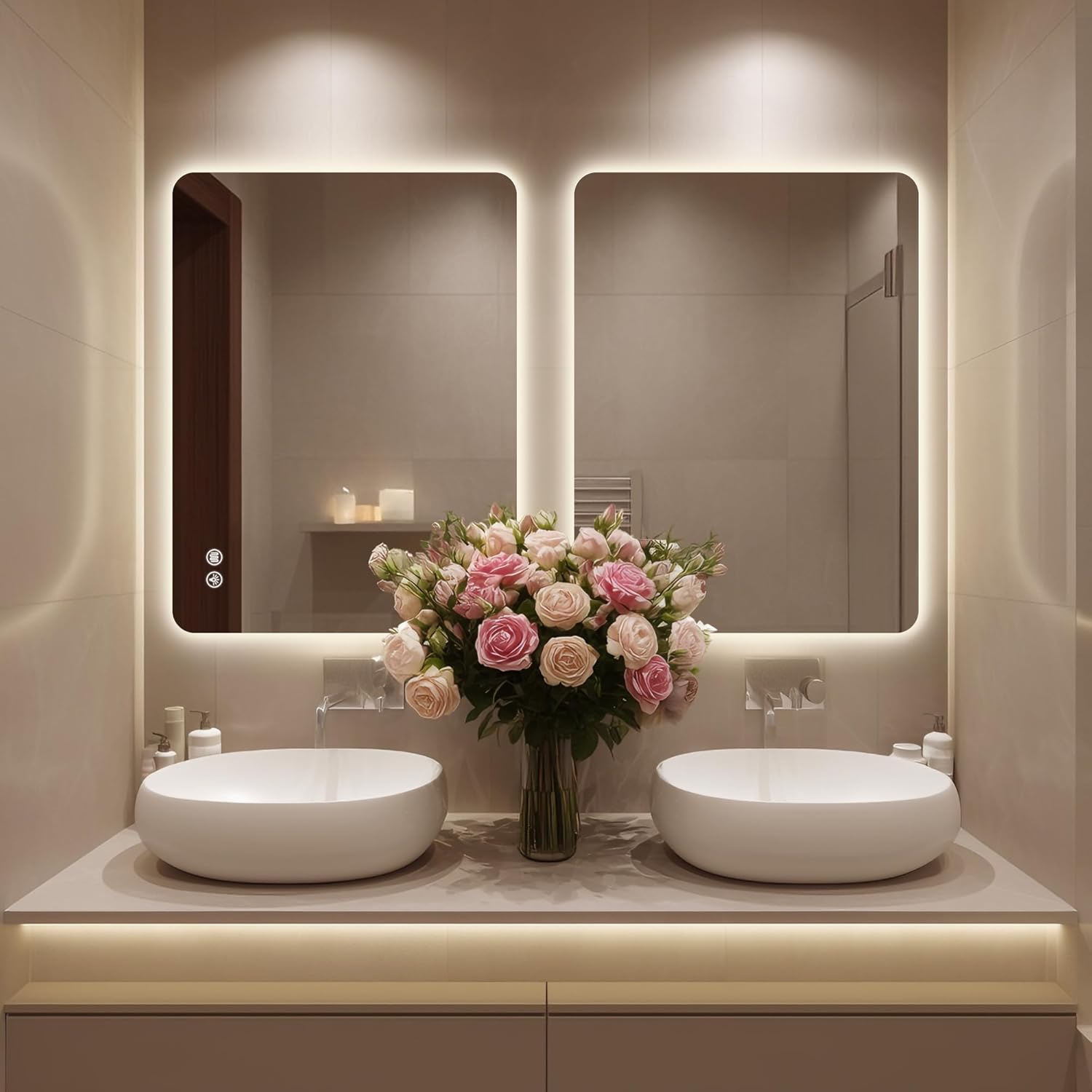 36''x24'' Lighted Mirrors for Bathroom Wall Backlit Rectangular Rounded Corners, LED Bathroom Mirror Frameless with Lights Anti Fog, Dimmable, 3 Colors,Tempered Glass, Shatter-Proof (Color 2)