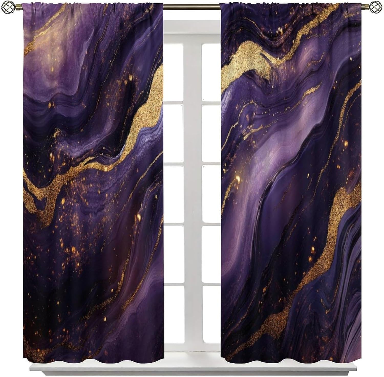 Purple Gold Marble Blackout Curtains, Luxury Modern Ink Vintage Abstract Art Pattern Rod Pocket Window Drapes, for Living Room Bedroom 63" W X 72" L