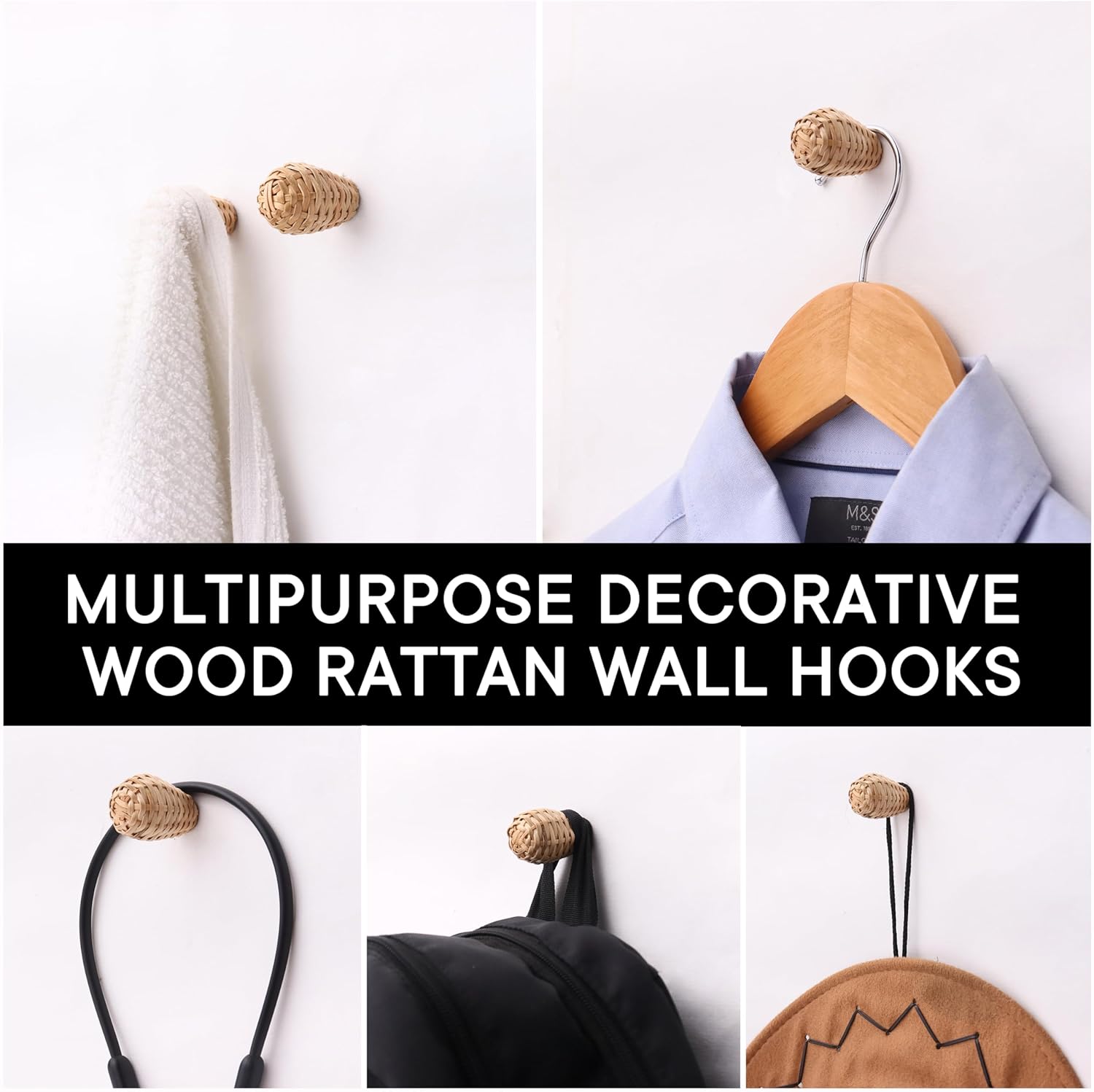 Indian Shelf 6-Pieces Handcrafted Rattan Heavy Duty Decorative Vintage Wall Hooks for Hanging Coats, Jackets, Leash, Hat, Towel, Backpack, Purse, Handbag -Natural