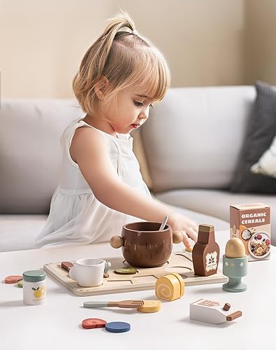 Miniatura 3 de ROBUD Juego de comida de madera de 31 piezas para niños, juguetes de cocina Montessori de avena de coco, platos educativos con accesorios para niños