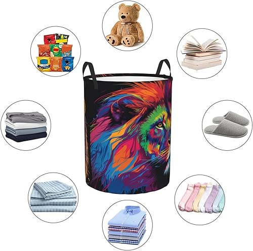 Miniatura 6 de Cesta de lavandería con diseño de león teñido anudado arcoíris, cesta de almacenamiento de ropa sucia, impermeable, plegable, para oficina,