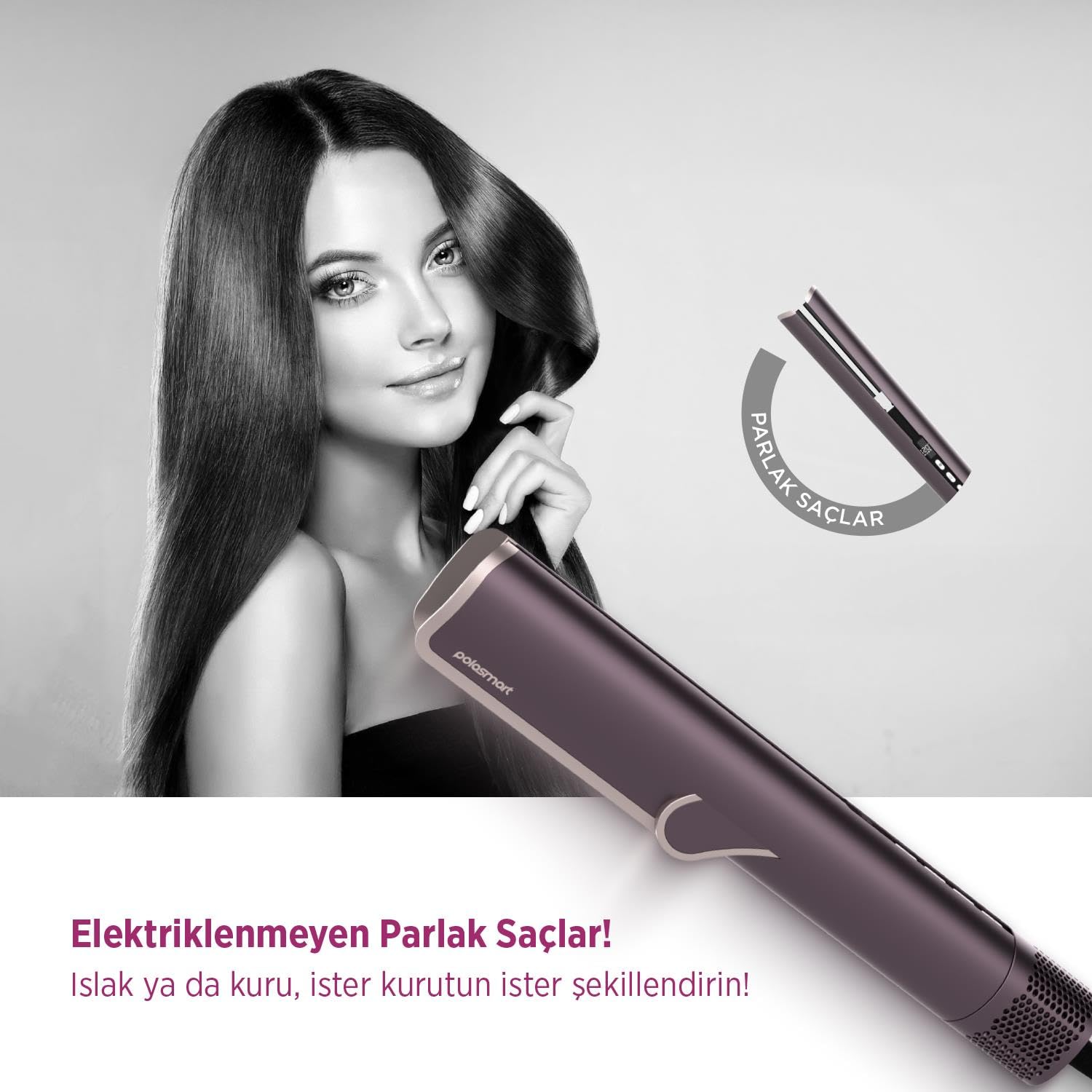 Polosmart PBS813 Dijital Ekranlı Hava Üflemeli 4 Kademeli Saç Düzleştirici Mor