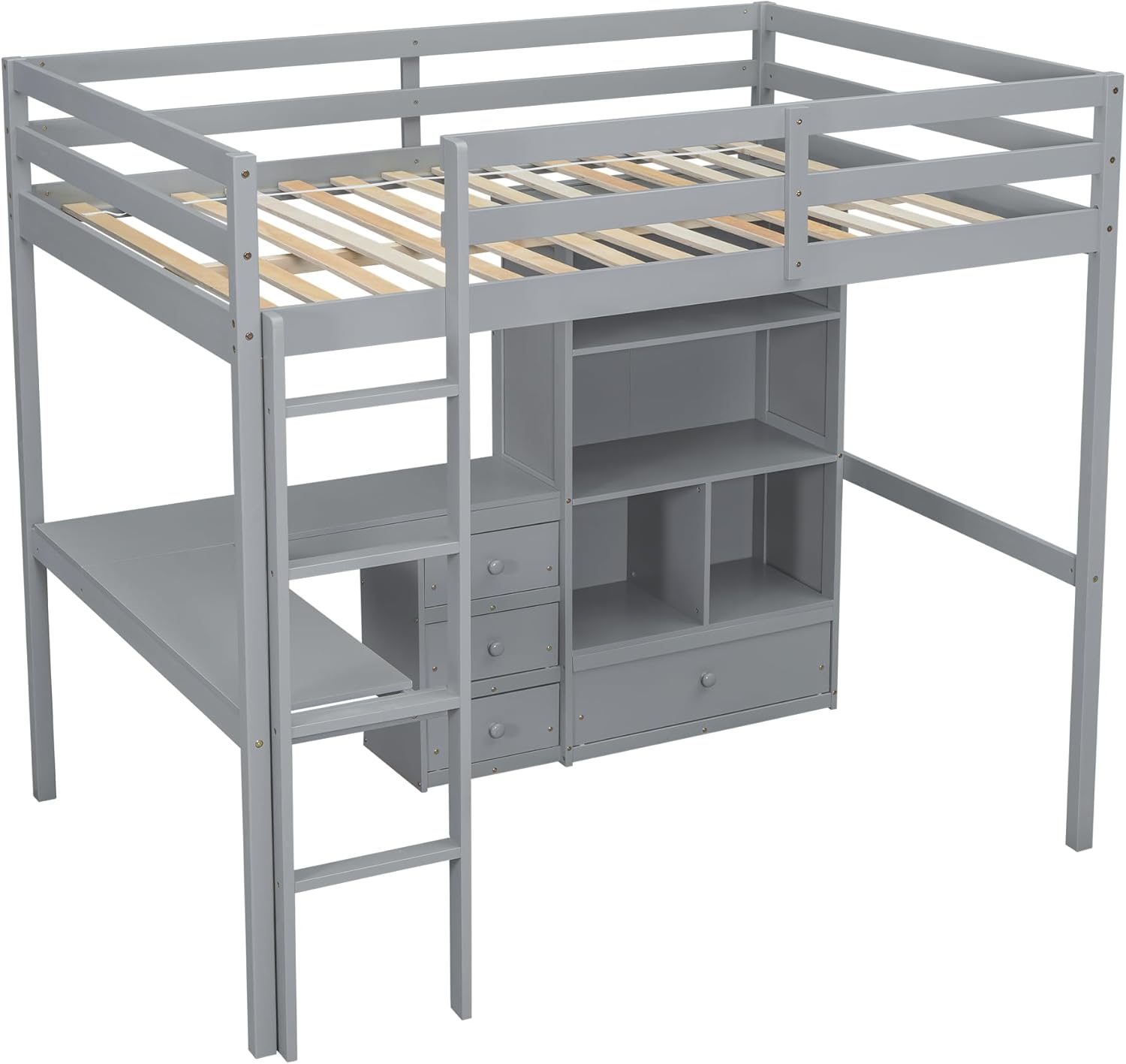 Full Size Loft Bed with Desk & Storage Shelves & Storage Drawers for Kids,Teens,Adults,High Loft Bed with Built-in Ladder & Guardrails,Space Saving,Gray