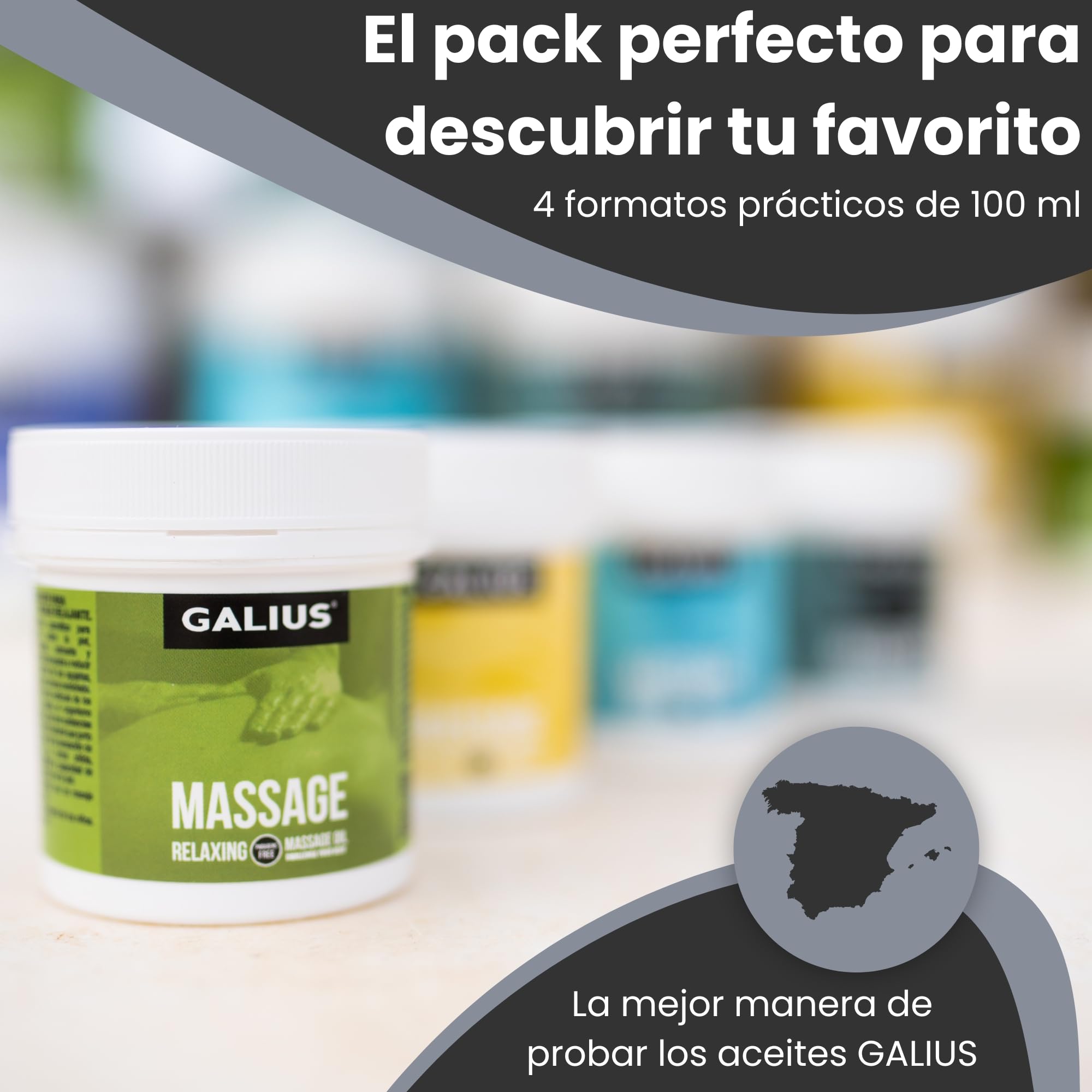 Galius - Pack de 4 Aceites Corporales Sólidos para Masaje 100ml - Aceite Masaje Efecto Frío, Neutro, Relajante, de Romero - Aceites Esenciales - Ideal para Profesionales y Deportistas - No Mancha Ropa