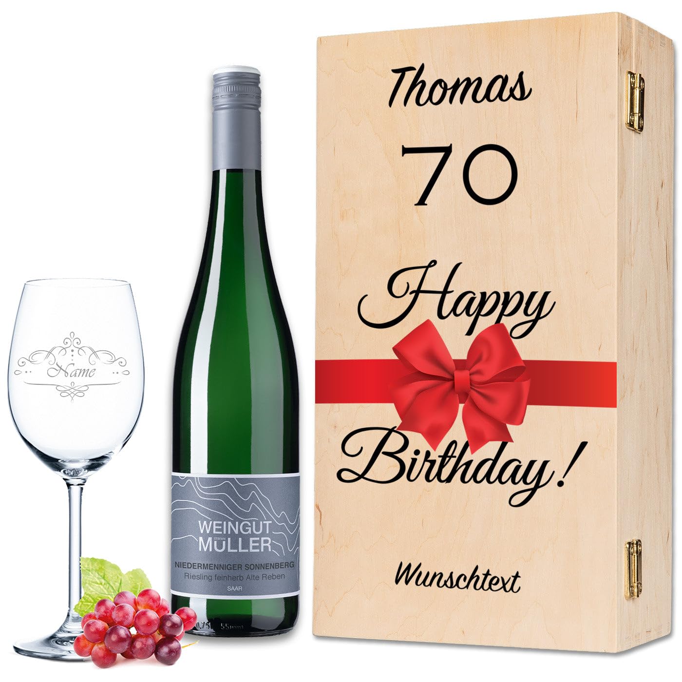 GRAVURZEILE Leonardo Weinglas mit Gravur - Happy Birthday 70 Jahre - Personalisiert mit Name & Text - inkl. Holzkiste & Flasche Wein von Riesling Tandem - Geschenk Set zum 70. Geburtstag für Sie & Ihn