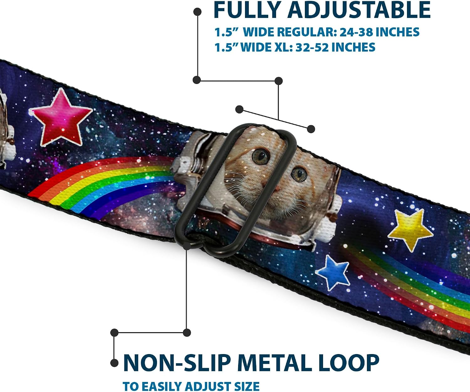 Buckle-Down Seatbelt Belt - Astronaut Cats in Space/Rainbows/Stars - 1.5" Wide - 32-52 Inches in Length